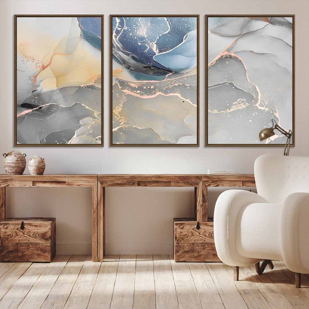 Large Abstract Blue and Gold Canvas Wall Art | Fluid Ink Artwork Print | Luxury Wall Decor for Contemporary Interiors | Framed Blue and Gold