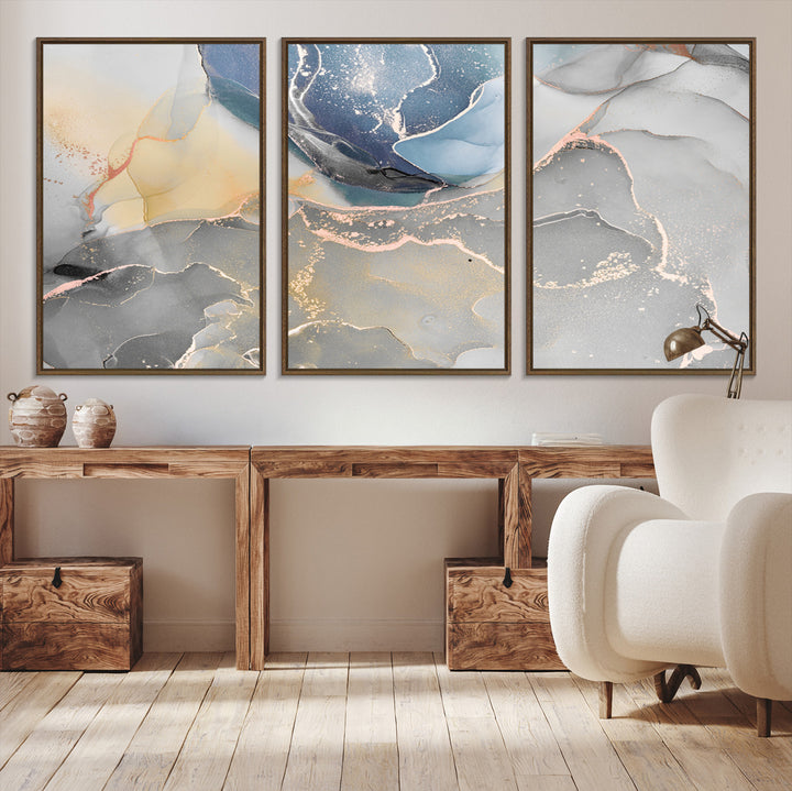 Large Abstract Blue and Gold Canvas Wall Art | Fluid Ink Artwork Print | Luxury Wall Decor for Contemporary Interiors | Framed Blue and Gold