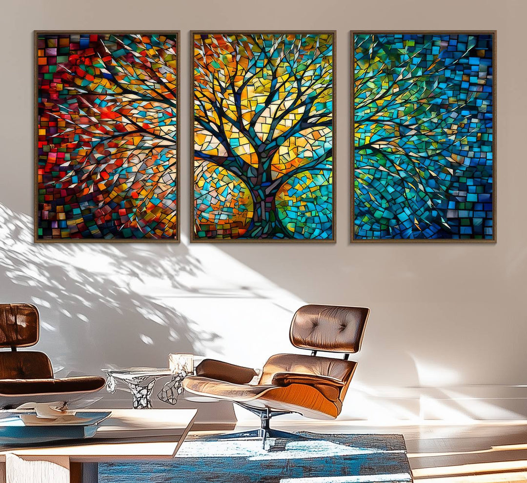 Explore the Yggdrasil Tree of Life Wall Art Print, a 3-panel canvas print made in the USA, featuring a vibrant multicolor mosaic design.