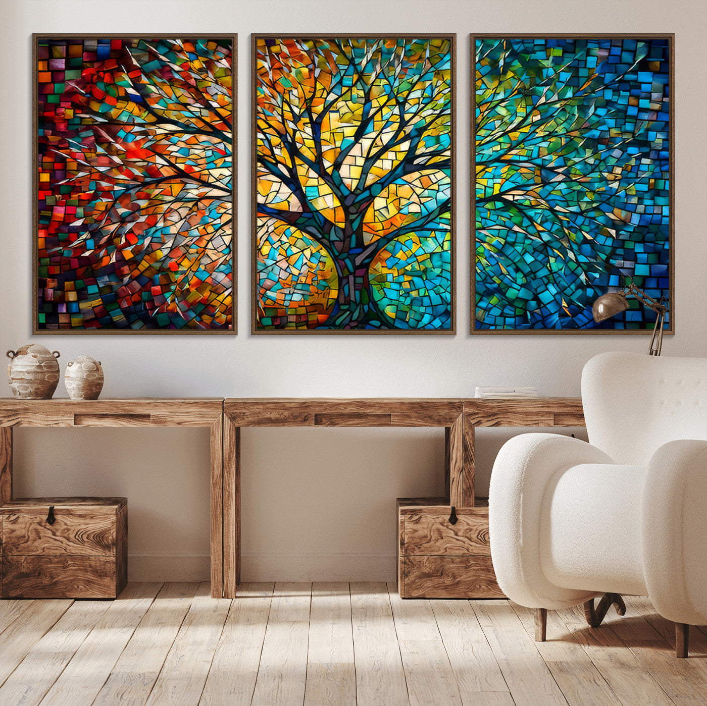 MGV-FC-60X30-3P - Yggdrasil Tree of Life Wall Art Print Canvas | Mosaic Style 3-Panel Canvas Print