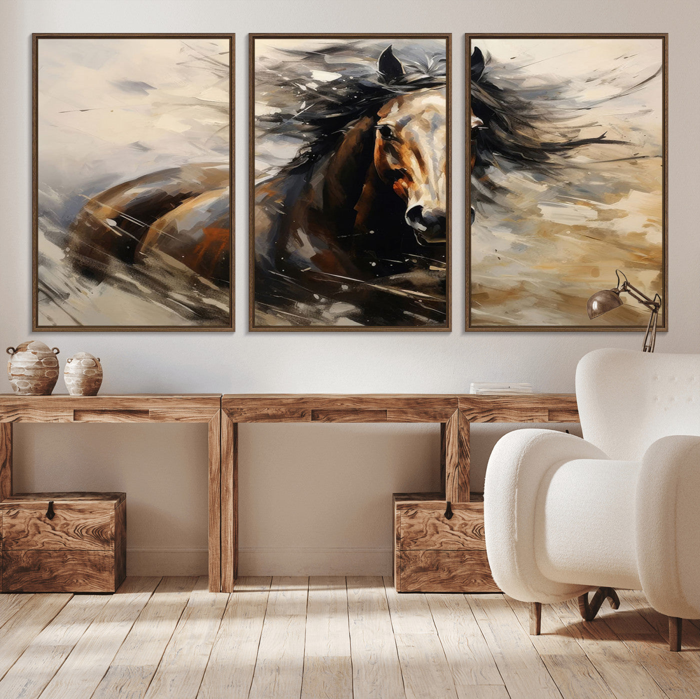 MGV-FC-60X30-3P - Abstract Wall Art Horse Print - Large Western Horse Canvas - Farmhouse Woodland Wall Art - Framed