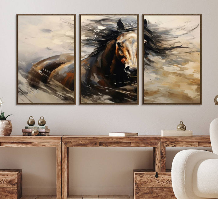 The Abstract Wall Art Horse Print adds rustic charm.