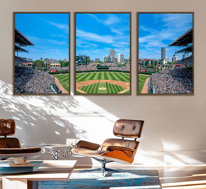 The Wrigley Field Chicago Cubs canvas art, depicting the iconic stadium, is perfect for sports lovers.