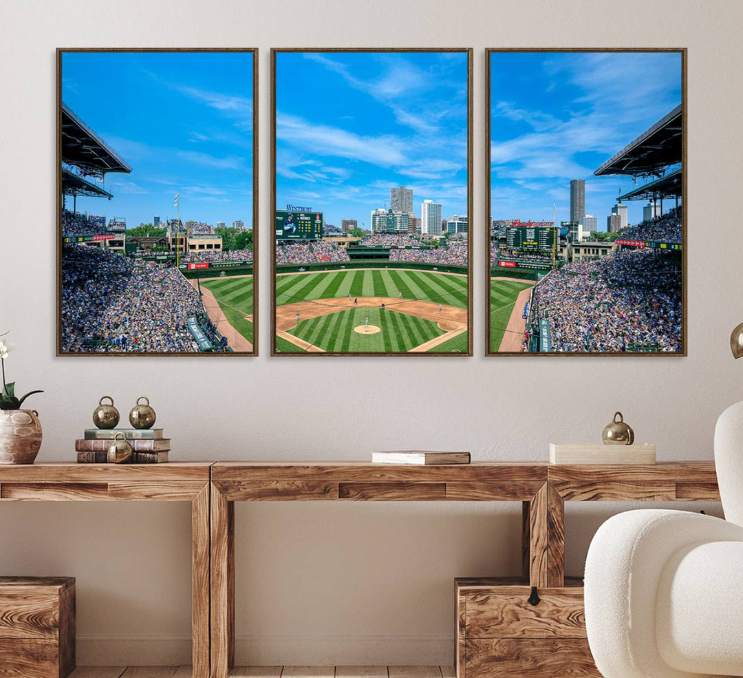 Panoramic view of Wrigley Field, ideal for the Wrigley Field Chicago Cubs Panoramic Canvas Wall Art - Ready to Hang.