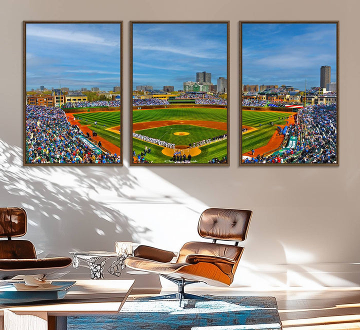 The Wrigley Field Cubs Panoramic Canvas Art hangs prominently in the modern living room.