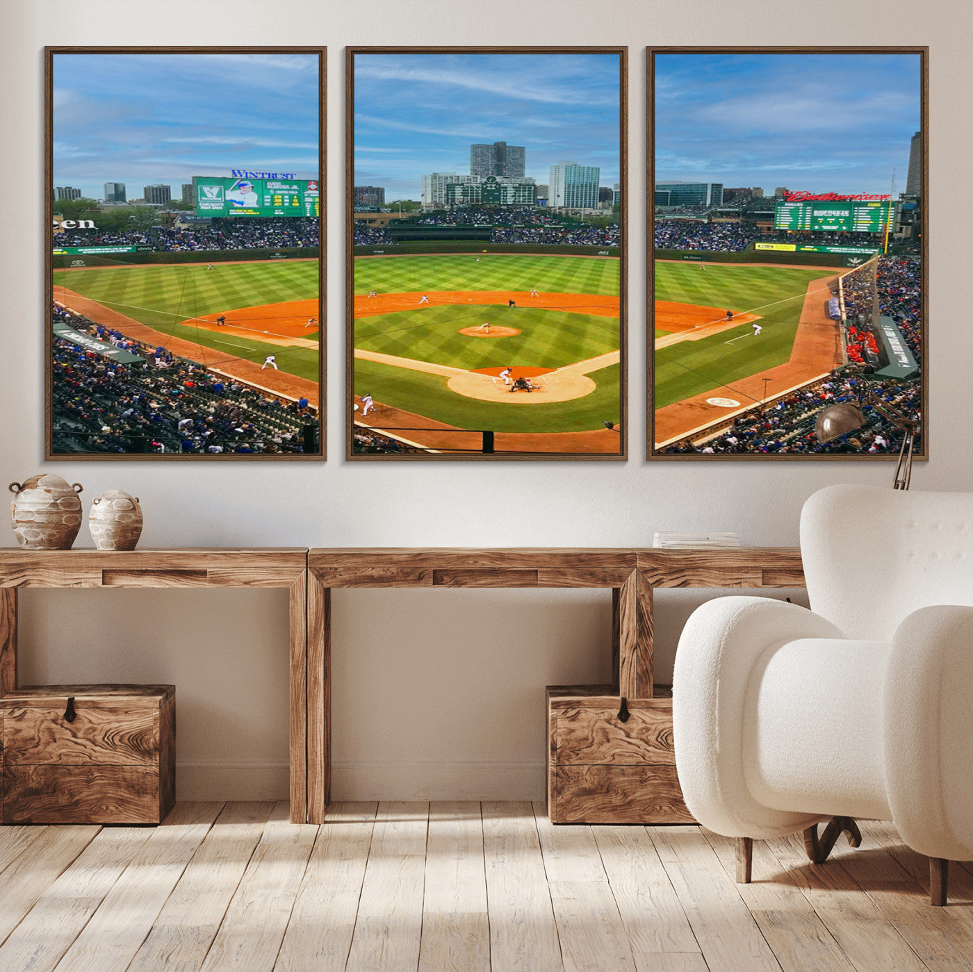 MGV-FC-60X30-3P - Wrigley Field Chicago Cubs Panoramic Multi Piece Canvas Wall Art - Iconic Baseball Stadium Print for