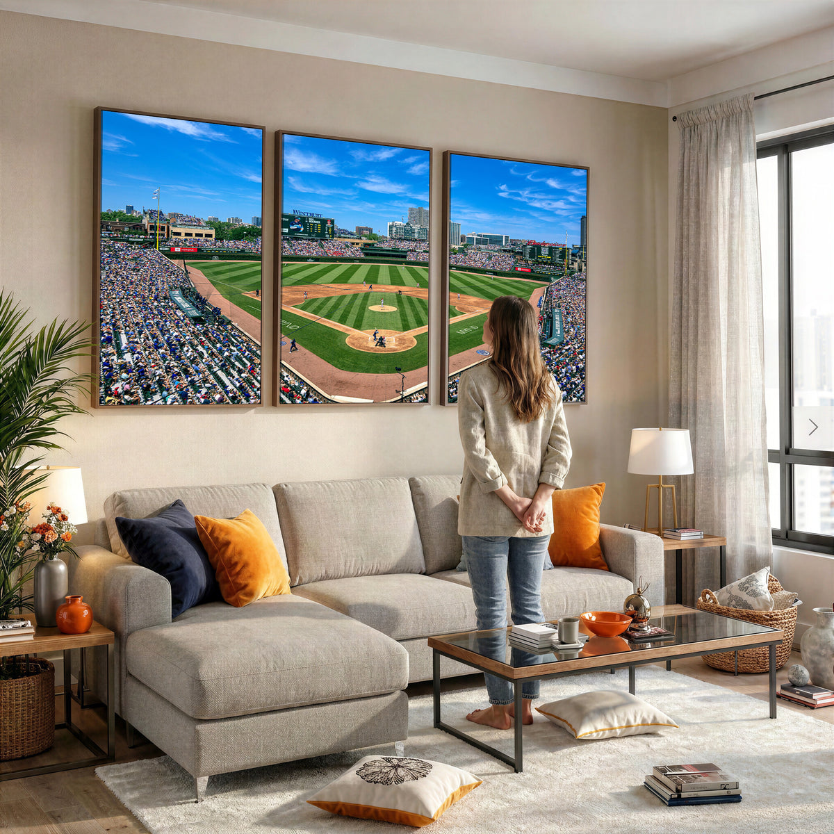 26064-MGV-CV-36X24 - Framed Wrigley Field Chicago Cubs Canvas Print – Panoramic Multi-Piece Iconic Baseball Stadium Wall Art for Home, Office