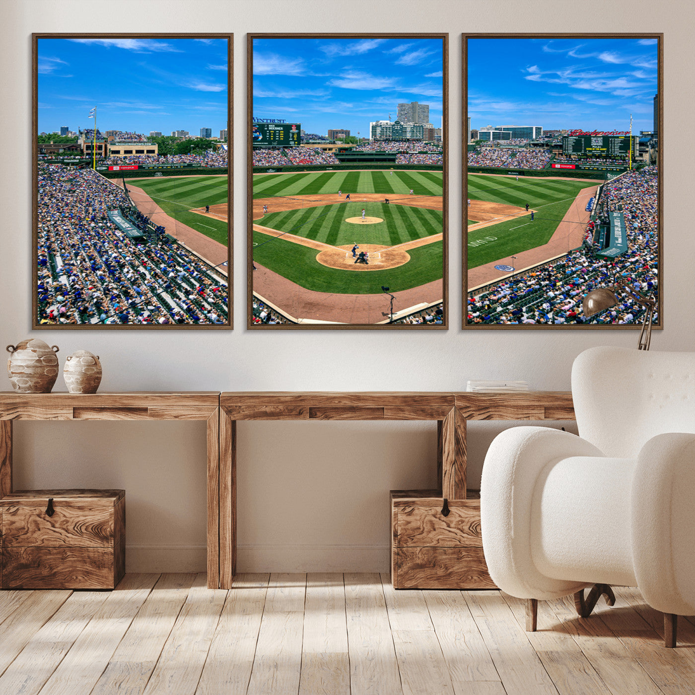 26064-MGV-CV-30X20-Framed Wrigley Field Chicago Cubs Print, Panoramic Multi Piece Canvas Wall Art - Iconic Baseball Stadium Print for Sports Lovers - Ready to