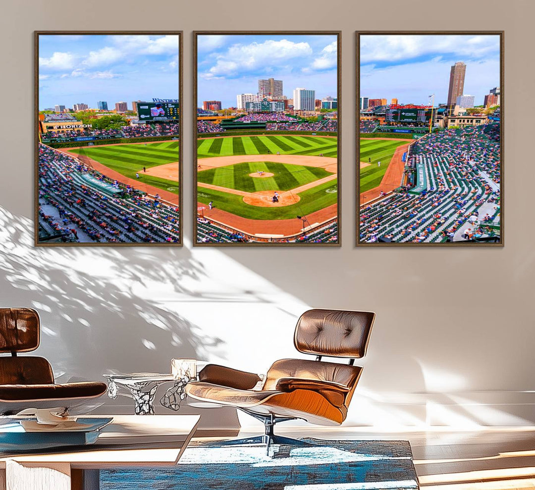 A 3-piece panoramic canvas wall art showcases an aerial view of a packed Chicago Cubs game at Wrigley Field, perfect for sports lovers.