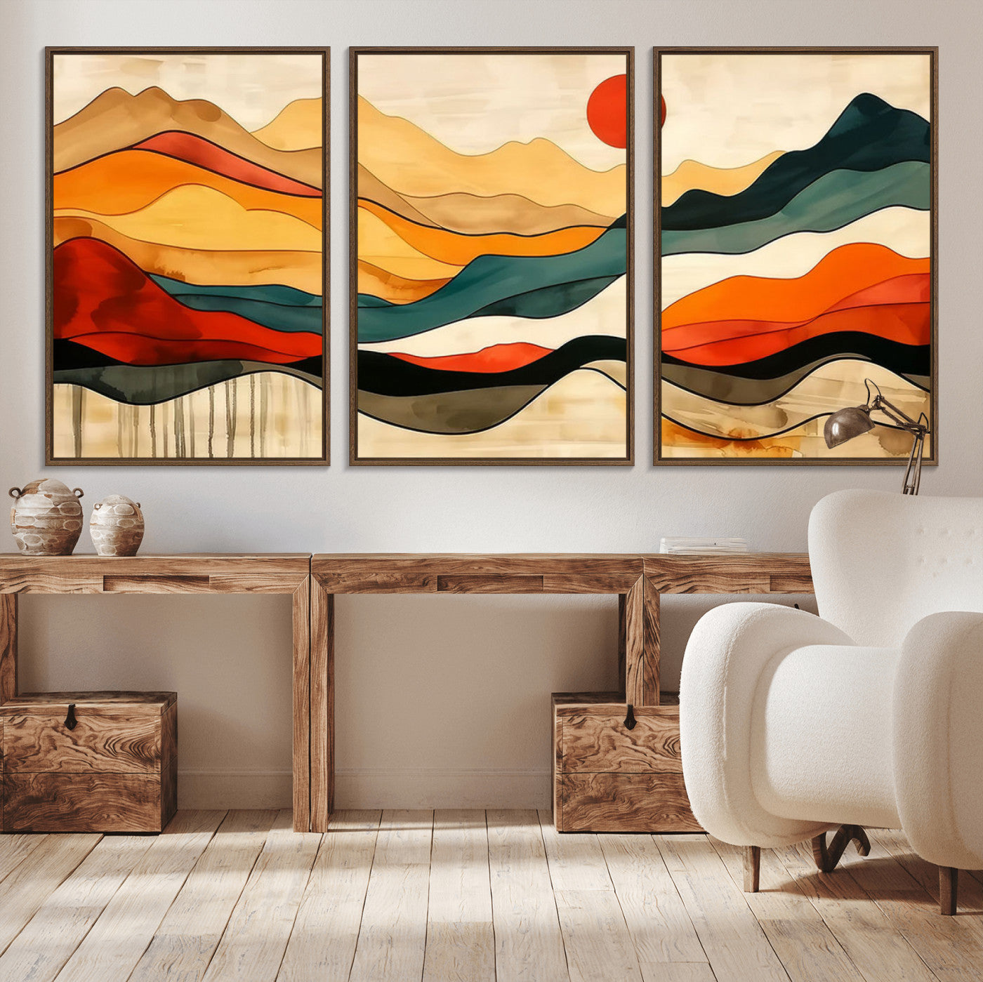 71582-MGV-CV-48X32-3P-Abstract Mountain Wall Art – Framed Colorful Landscape Canvas Artwork, Bold Modern Design, Vibrant Nature Decor for Home, Office