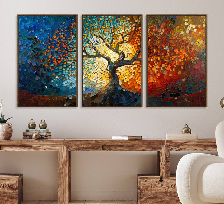 Mosaic Tree Canvas Wall Art: A stunning stained glass-inspired Tree of Life featuring blue and orange swirling patterns reminiscent of a sunburst.