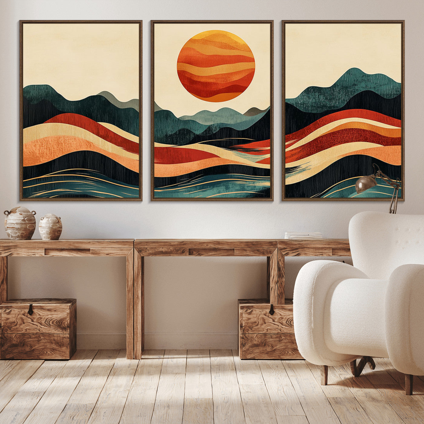 MGV-FC-60X30-3P - Mountain Triptych Wall Art - Western Nature Prints - Framed Boho Pine Tree Canvas for Log Cabin or