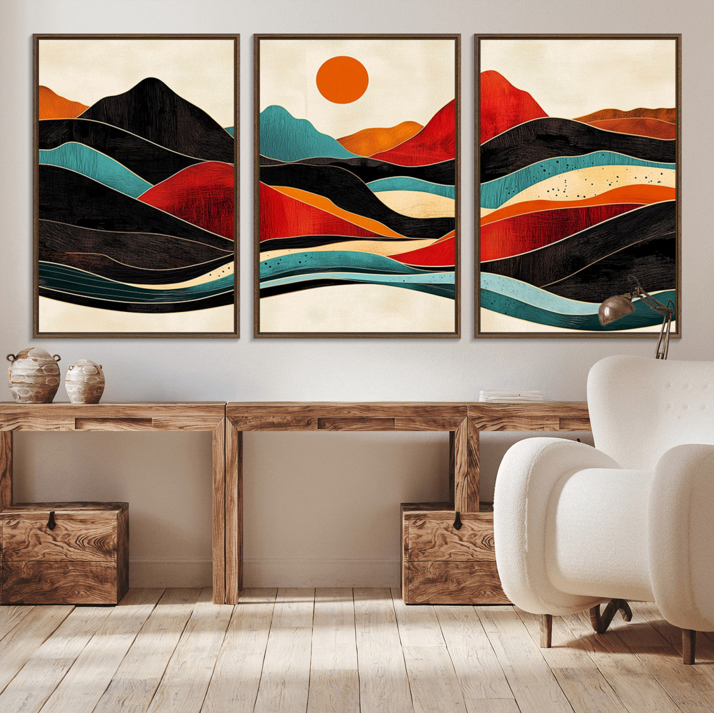 MGV-FC-60X30-3P - Western Wall Decor - Large Triptych Mountain Canvas - Boho Woodland Wall Art Print - Framed