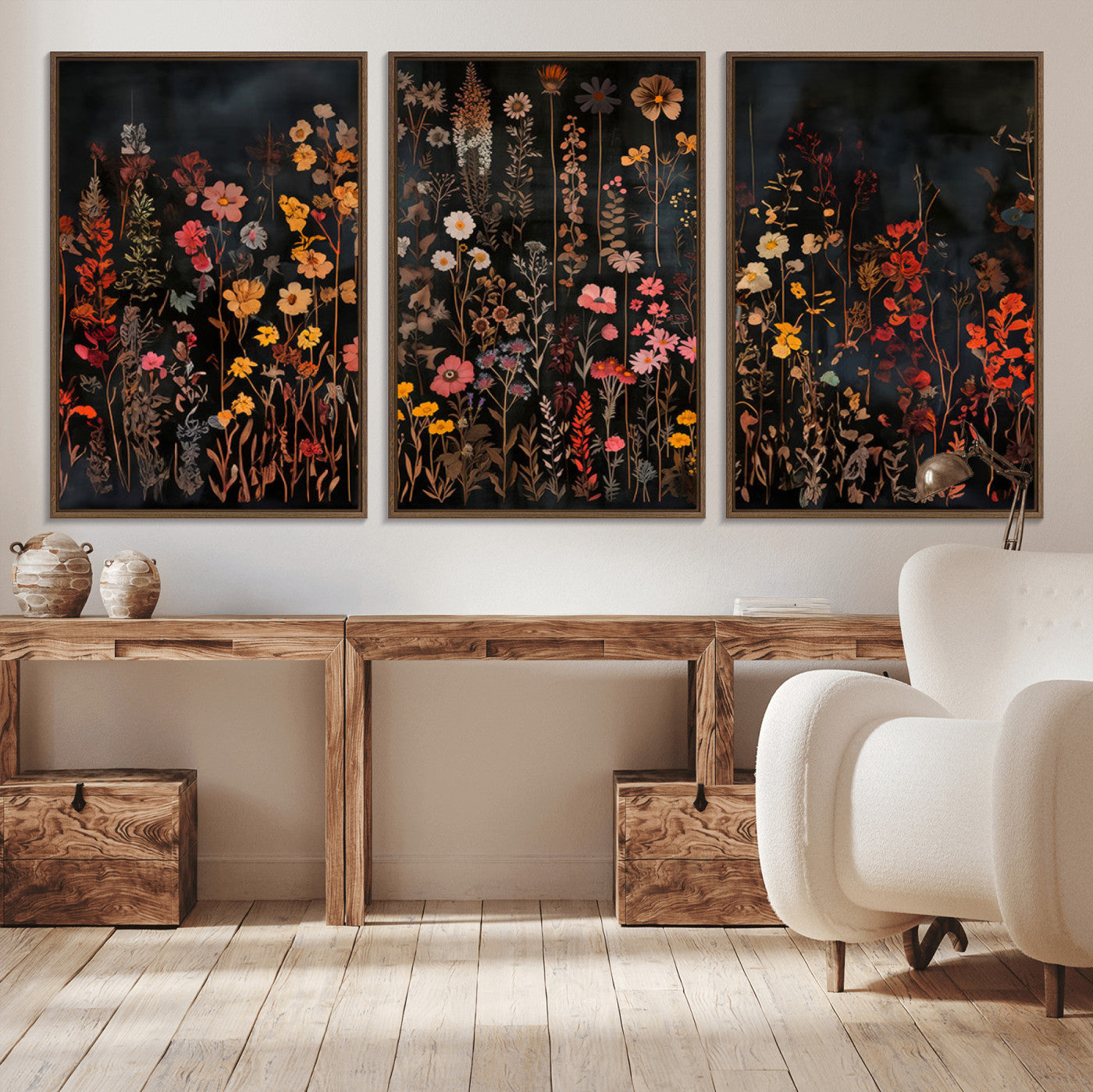 MGV-FC-60X30-3P - Dark Floral Canvas Wall Art - Moody Botanical Flower Print - Rustic Floral Wall Decor for Home -