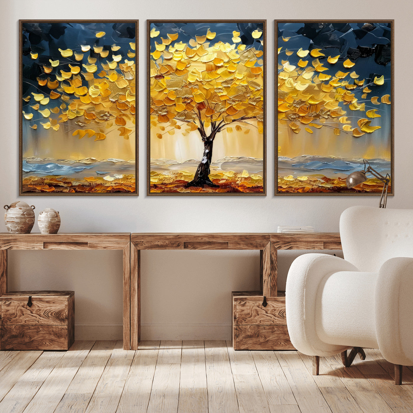 A stunning impasto painting captures the golden hues of autumn with a vibrant tree glowing against a dramatic blue and brown backdrop.