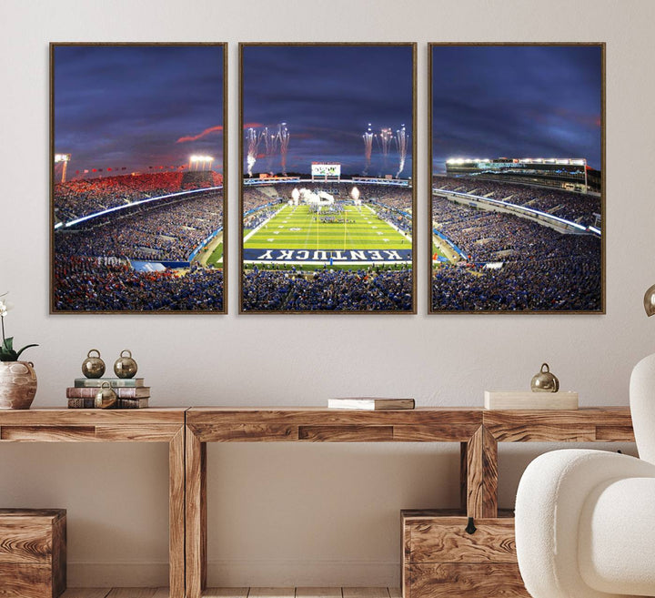 A filled stadium at dusk and fireworks overhead are beautifully captured in the Kroger Field Canvas Wall Art - Sunset Football Stadium Decor.