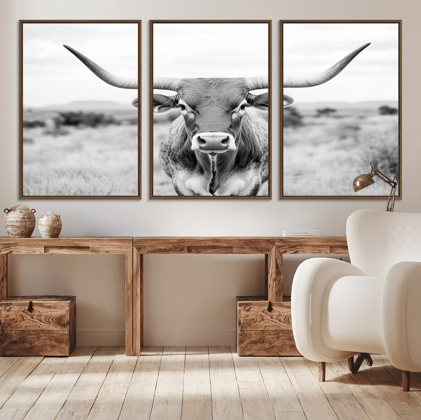 MGV-FC-60X30-3P - Highland Cow Wall Art Print - Black and White Texas Western Longhorn Canvas - Farmhouse Decor Print