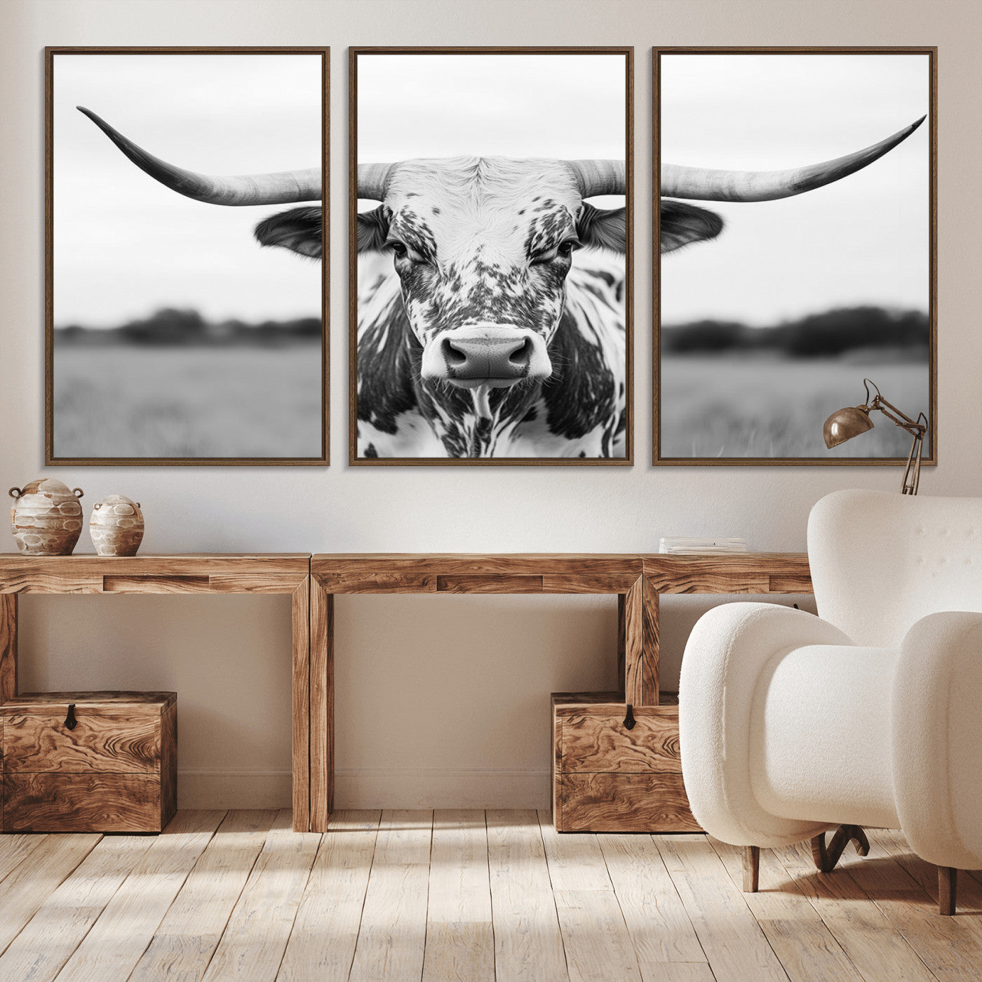 MGV-FC-60X30-3P - Highland Cow Wall Art - Black and White Western Longhorn Canvas Print - Farmhouse Living Room Decor
