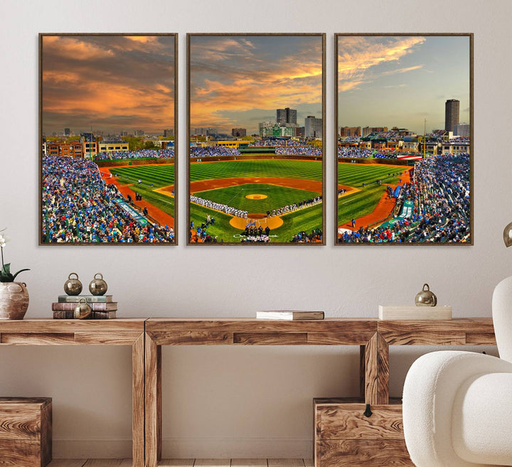 Aerial view of Wrigley Field at sunset against a vibrant sky, creating the perfect Chicago Wrigley Field Canvas Wall Art.