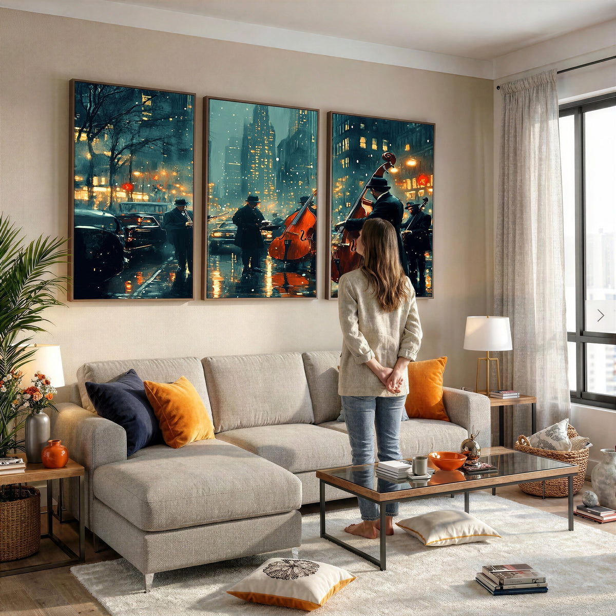 53391-MGV-CV-24X16 - Urban Night Jazz Wall Art Canvas Print | Moody Rain Soaked City Street Band Scene