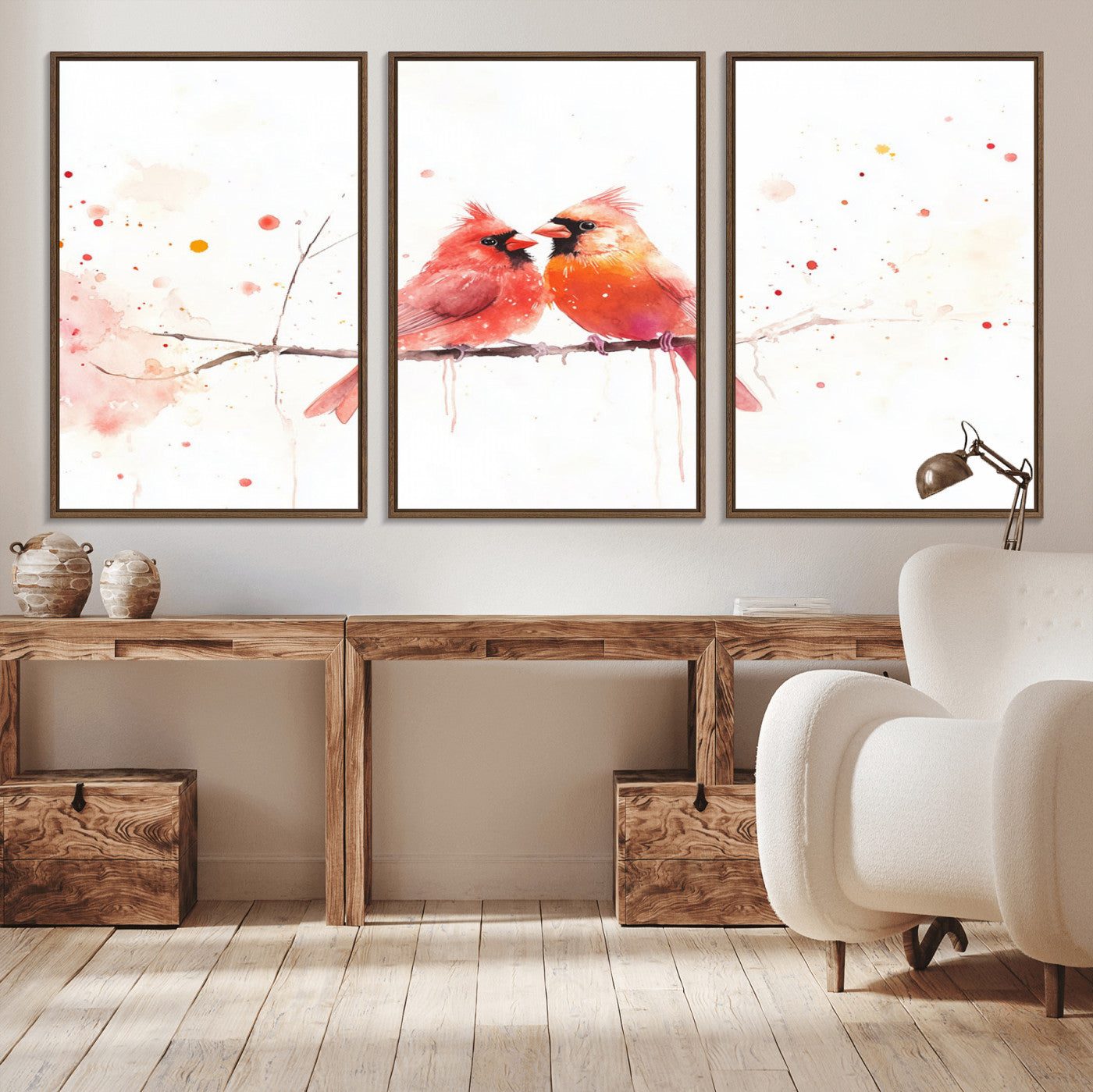 MGV-FC-60X30-3P - Cardinal Bird Canvas Wall Art - Male and Female Cardinal Print - Nature-Inspired Bird Wall Decor for