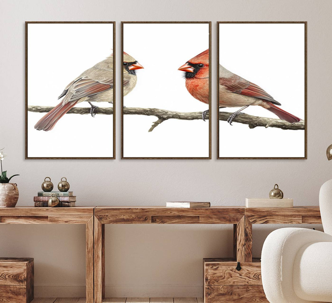 A Cardinal Canvas Wall Art print of cardinals on a branch hangs prominently.