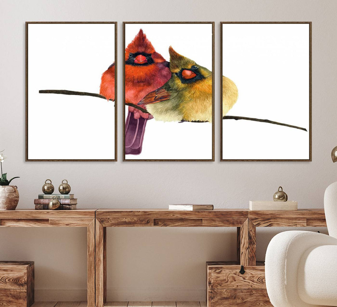 The Cardinal Bird Canvas Wall Art showcases vibrant male and female cardinals, capturing the beauty of nature in vivid detail.