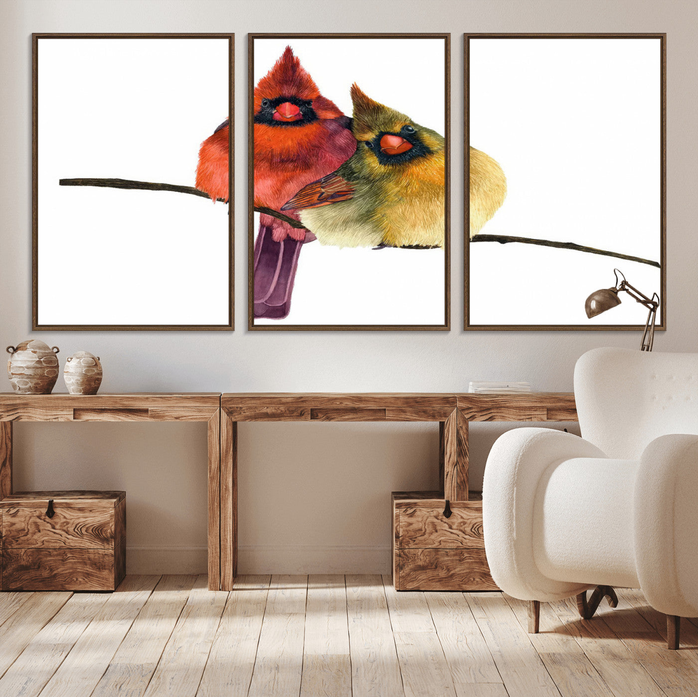 MGV-FC-60X30-3P - Cardinal Bird Canvas Wall Art - Male and Female Cardinal Print - Nature-Inspired Bird Wall Decor for