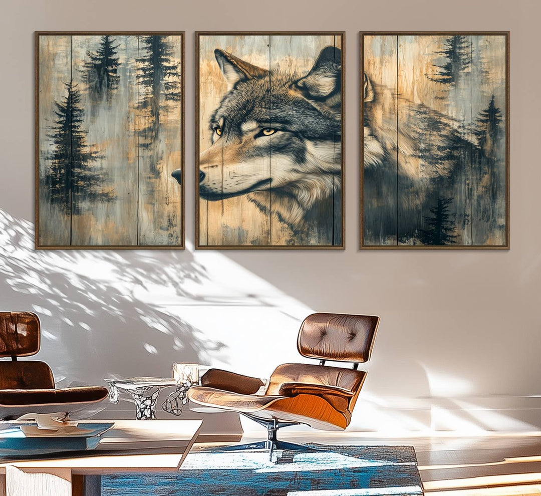 A Wood Style Rustic Wolf Wall Art Canvas Print adorns the kitchen.