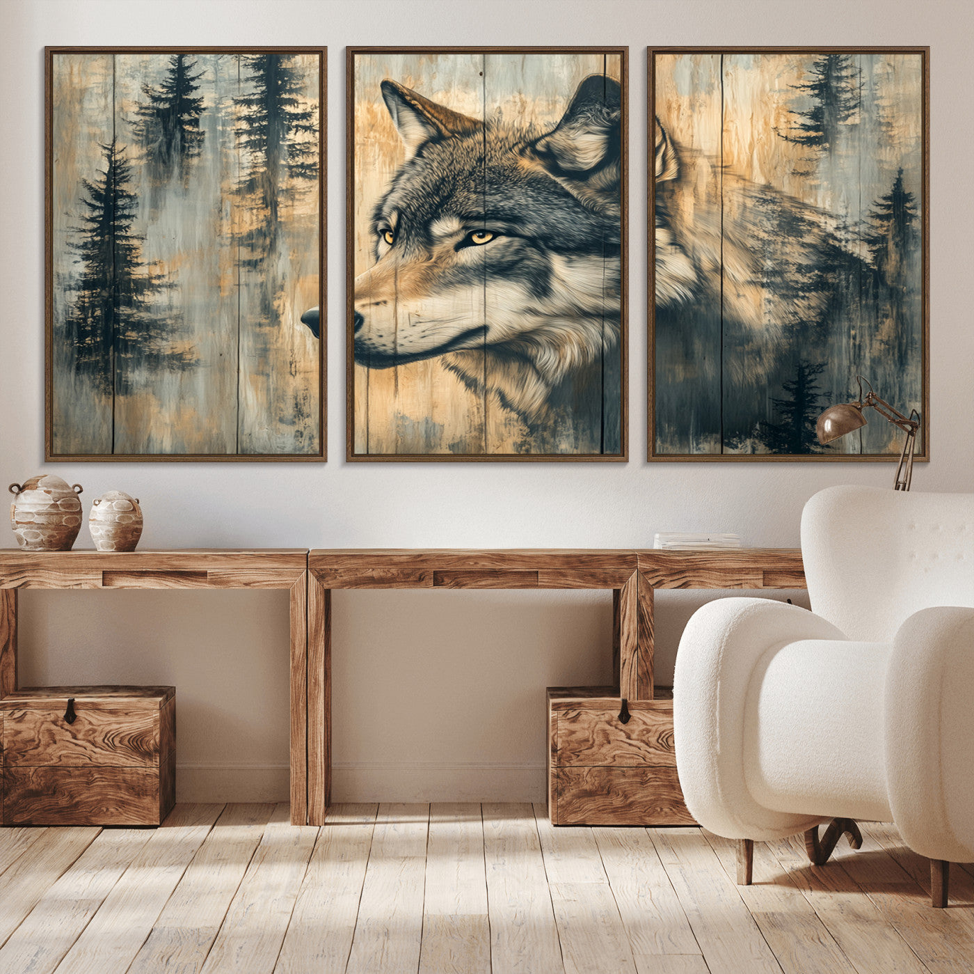 MGV-FC-60X30-3P - Wood Style Rustic Wolf Wall Art Canvas Print, Vintage Woodland Wolf Wall Art, Framed Wood Style Wolf