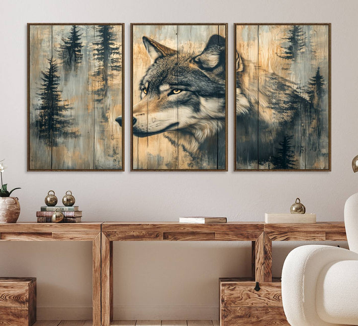 Above the counter is a Wood Style Rustic Wolf Wall Art Canvas Print.