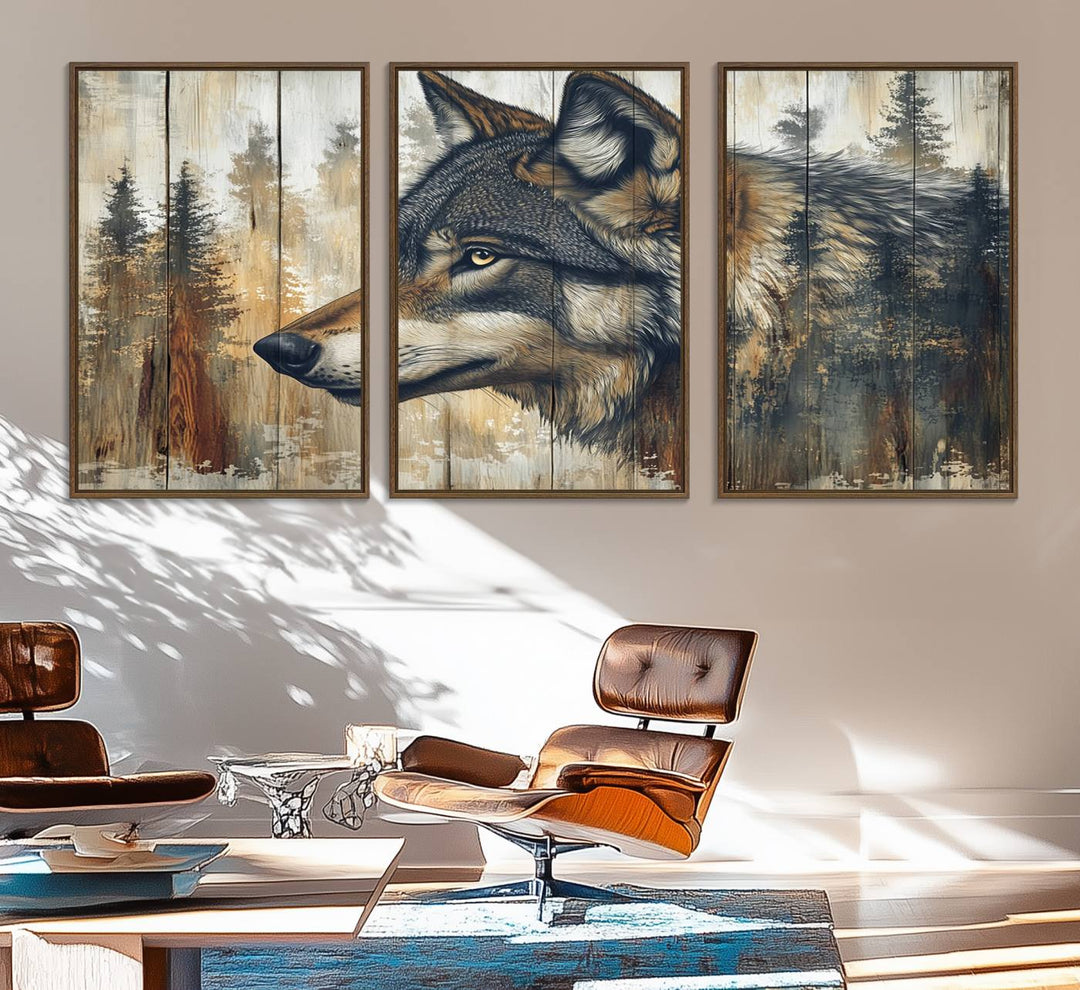 A kitchen dining area features Rustic Wolf Wall Art.