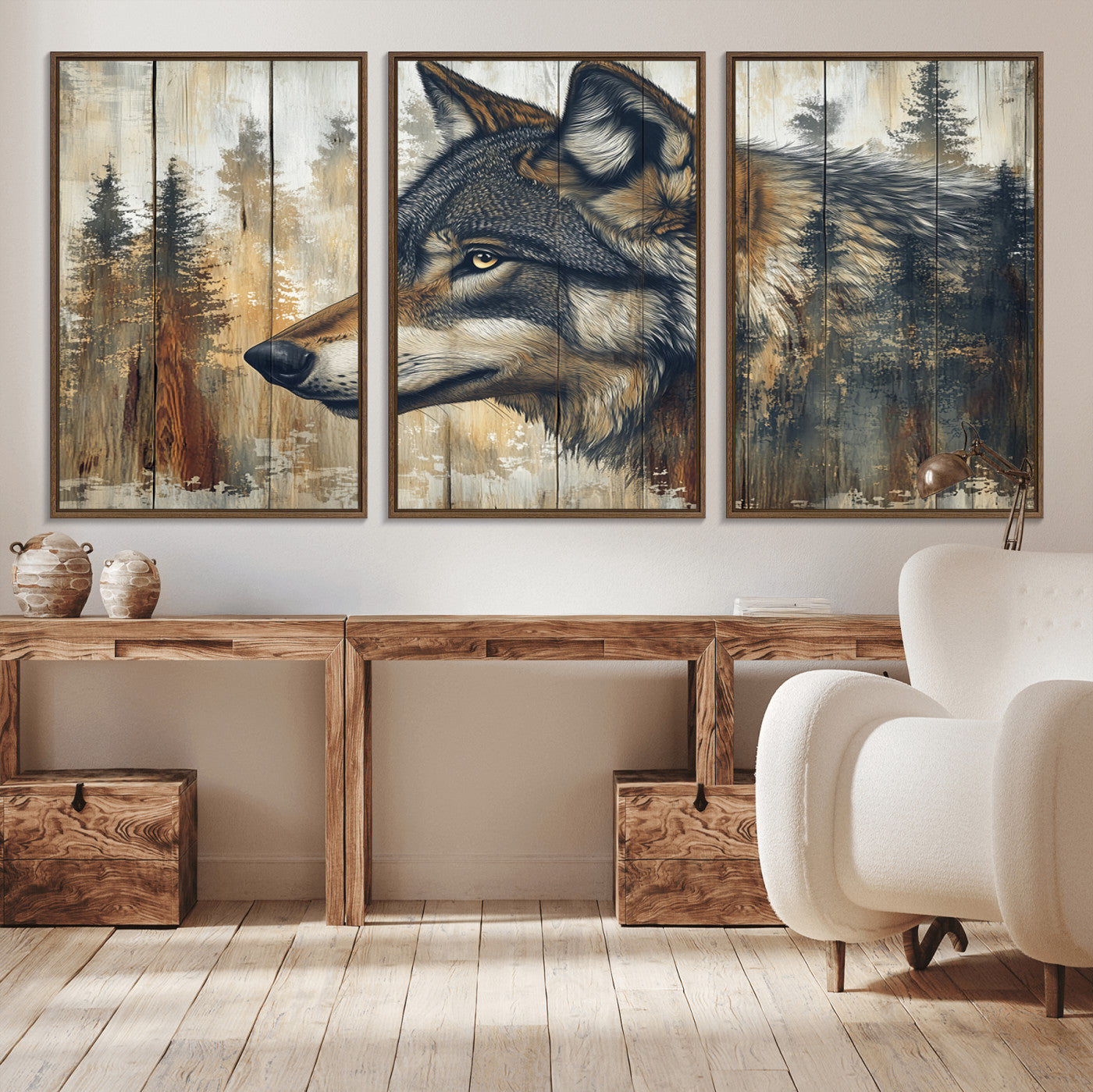 MGV-FC-60X30-3P - Rustic Wolf Wall Art Canvas Print, Vintage Woodland Wolf Wall Art