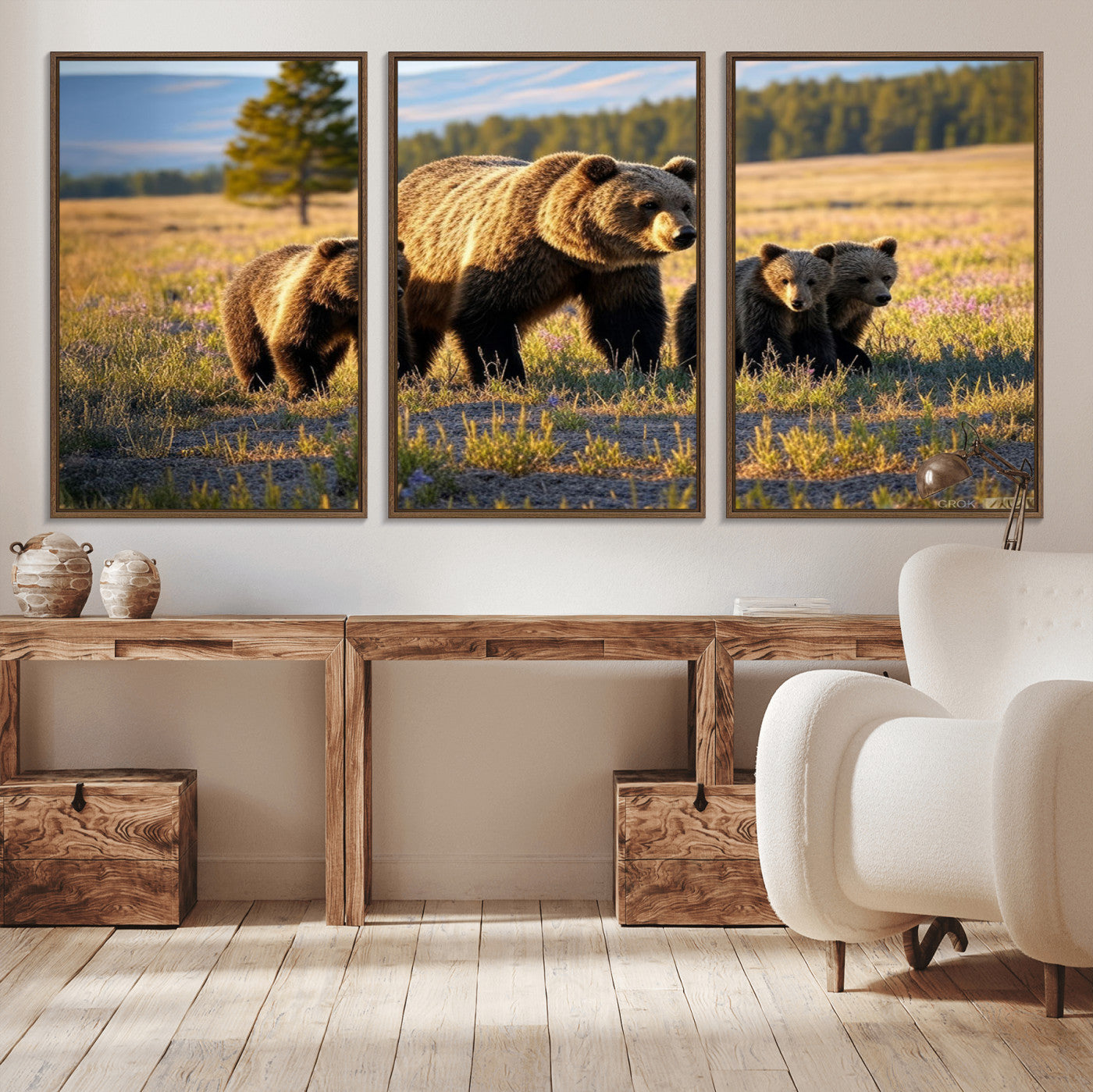 MGV-FC-60X30-3P - Grizzly 399 in Wild Flowers Wall Art Canvas Print, Grizzly Bears Wall Art, Queen of Grand Teton