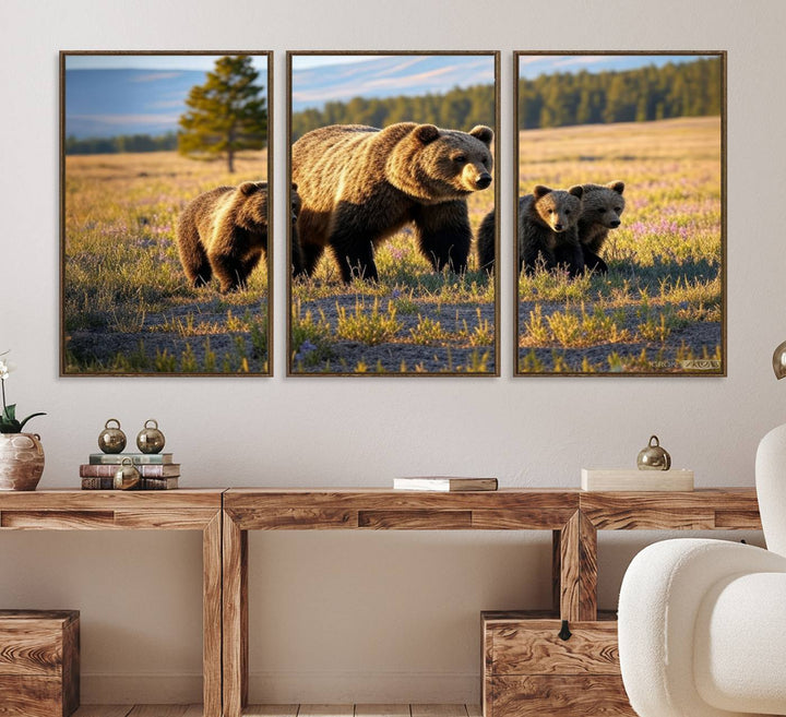 The dining room showcases the Grizzly 399 in Wild Flowers wall art.