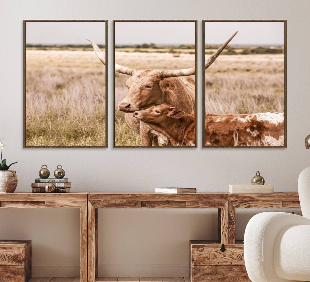 Dining area featuring a Texas Longhorn Cow Wall Art Canvas Print.