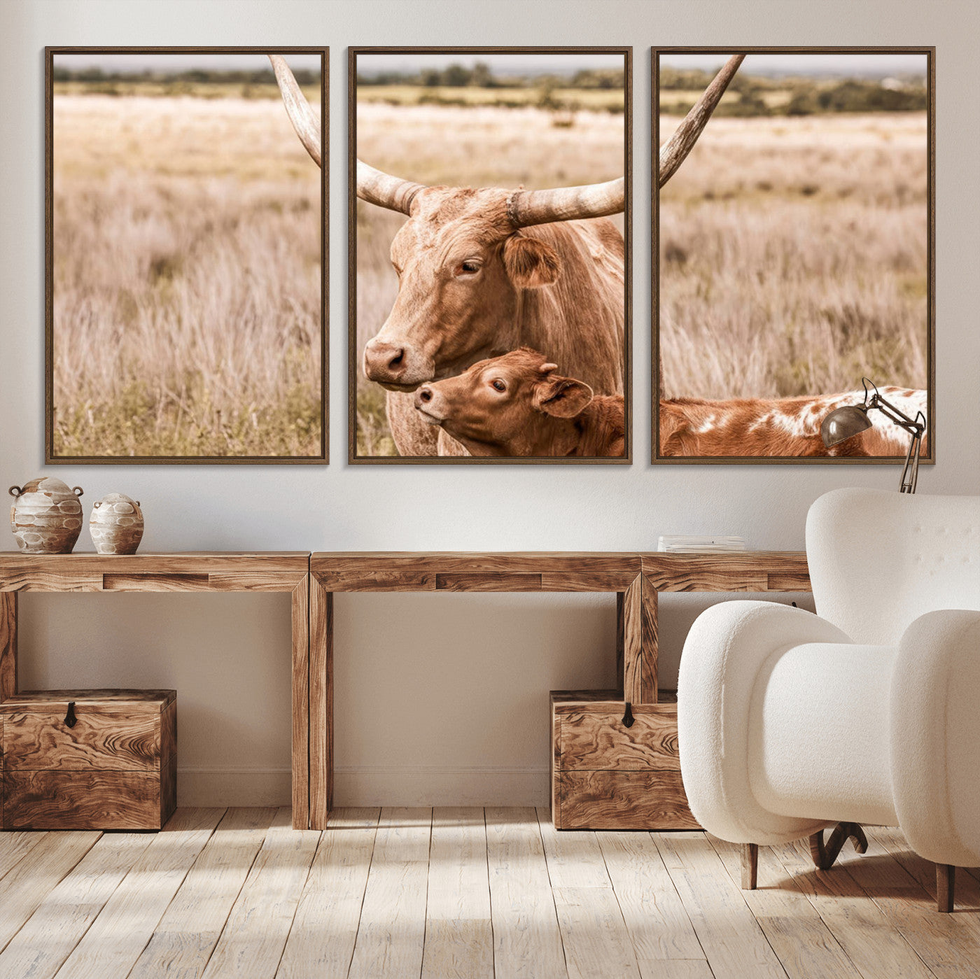MGV-FC-60X30-3P - Texas Longhorn Cow Wall Art Canvas Print for Farmhouse Wall Art, Texas Decor, Western Wall Art Print