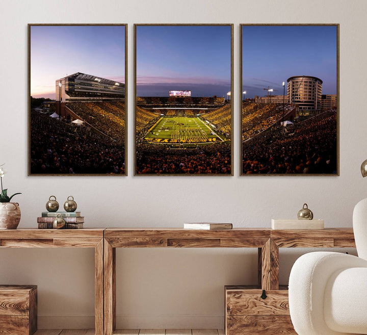 The Iowa Hawkeyes Kinnick Stadium Wall Art Canvas Print captures a sunset scene, making it perfect for display on a wall.