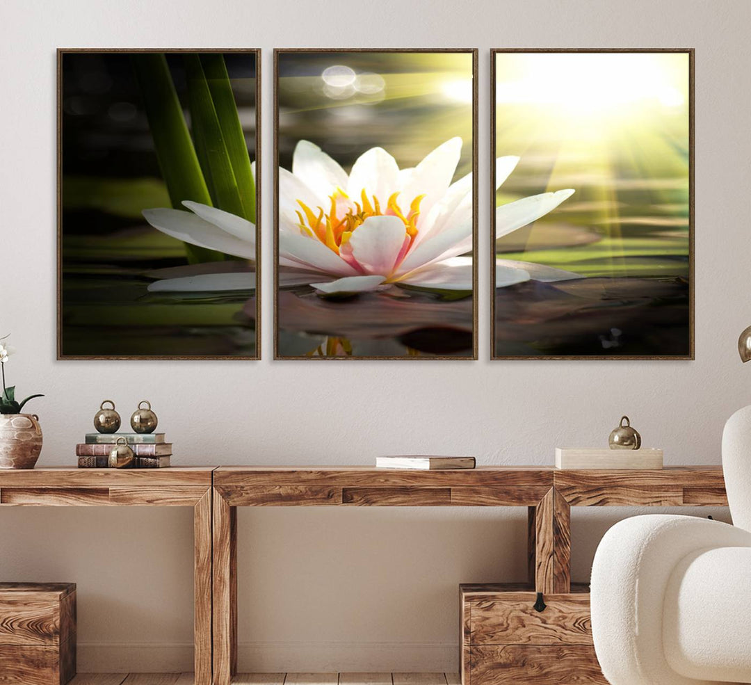 The Lotus Flower Wall Art Canvas Print showcases a white water lily with a yellow center floating gracefully in sunlight.