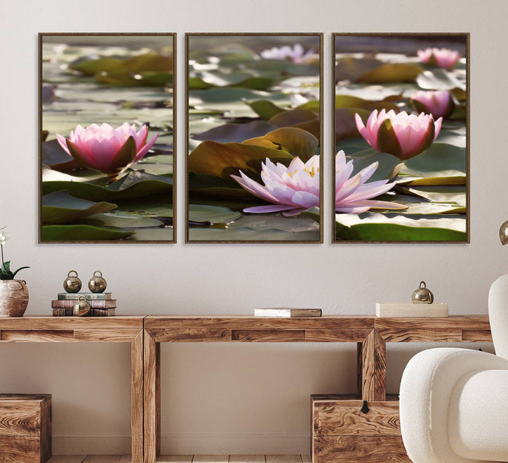 The dining room features the Water Lily Large Canvas Print.