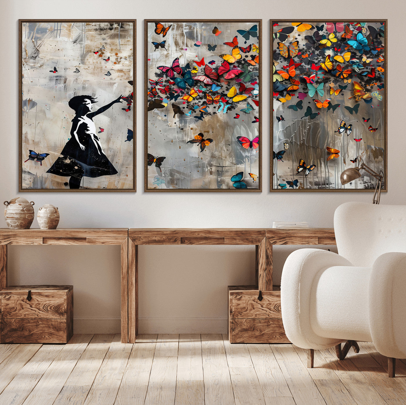 MGV-FC-60X30-3P - Banksy Butterfly Girl Wall Art | 3-Piece Butterfly Girl Canvas