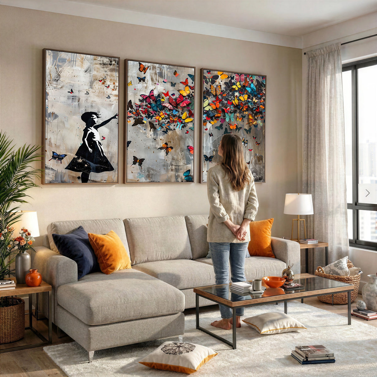 51446D-MGV-CV-24X16 - Banksy Butterfly Girl Wall Art | Modern Graffiti Canvas Print, Street Art Decor
