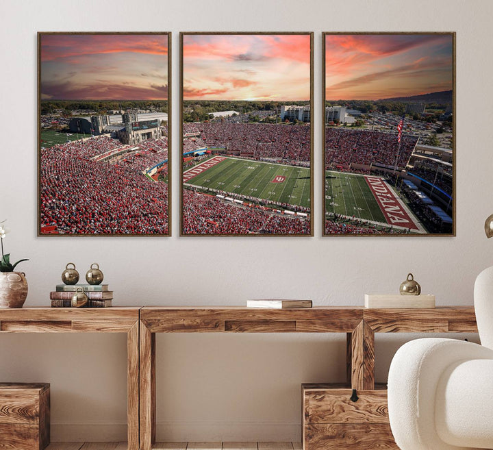 Gallery-quality Indiana Memorial Stadium Wall Art Canvas: A stunning view of the stadium at sunset.