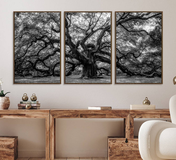 The Black and White Old Angel Oak Tree Canvas Print enhances the modern dining room.