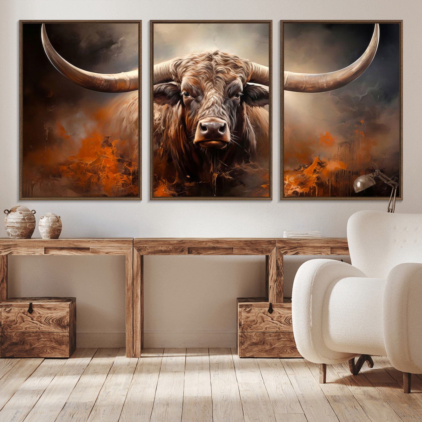 MGV-FC-60X30-3P - Highland Bull Canvas Abstract Canvas Wall Art Print – Powerful Highland Bull with Striking Horns in