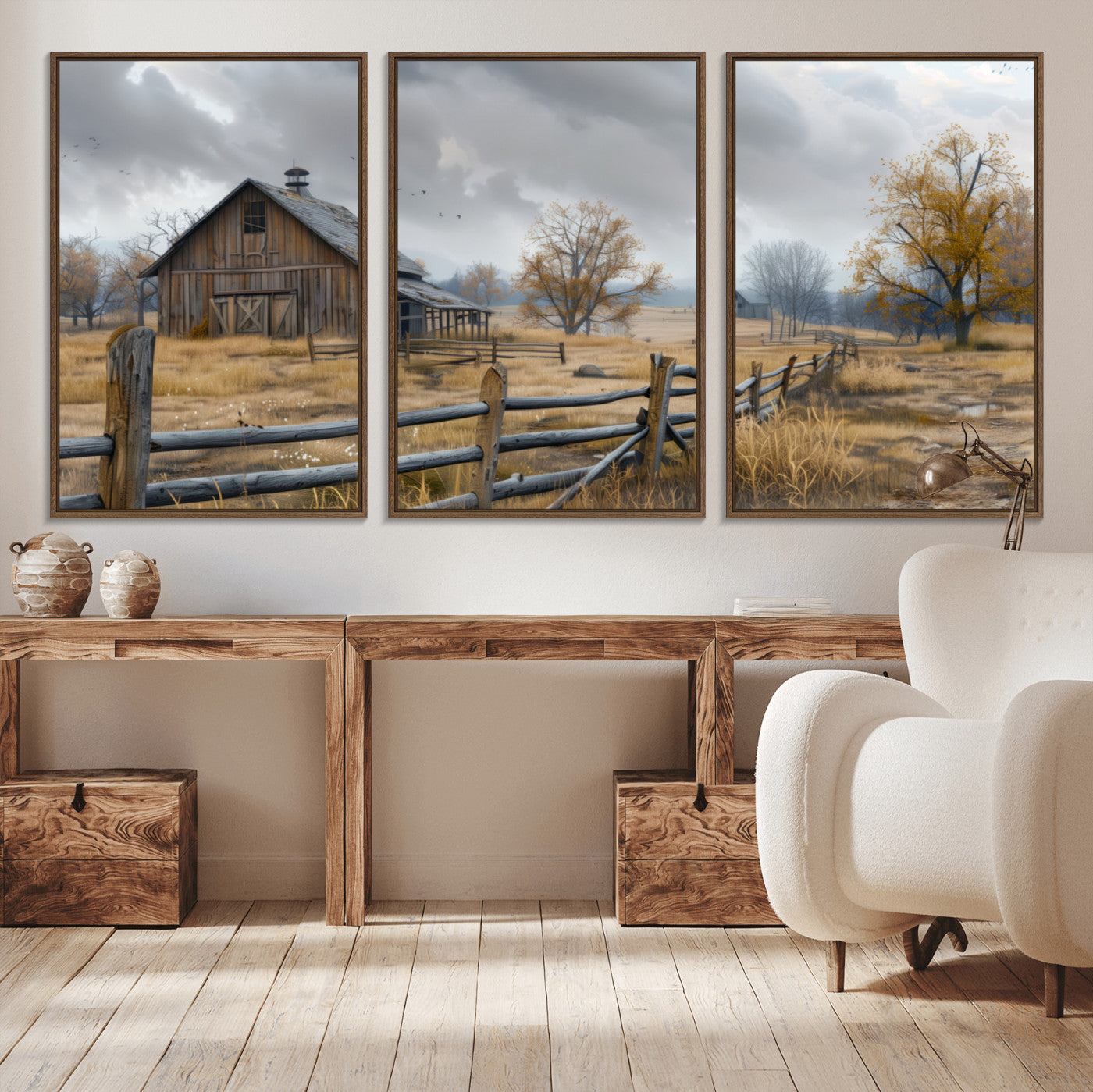MGV-FC-60X30-3P - Rustic Autumn Farmhouse Wall Art Canvas Print – Serene Countryside Scene with Weathered Barn and