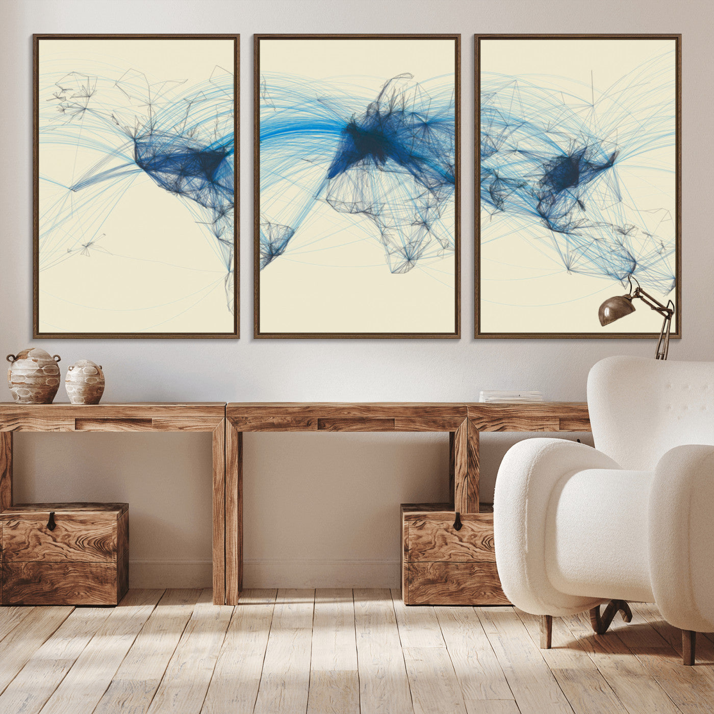 Map-Blue-Contract-MGV-CV-36X24-Flight Routes Map Art – Modern Air Traffic World Map Canvas Print with Blue Connections, Framed Wall Art for Office or Home Decor
