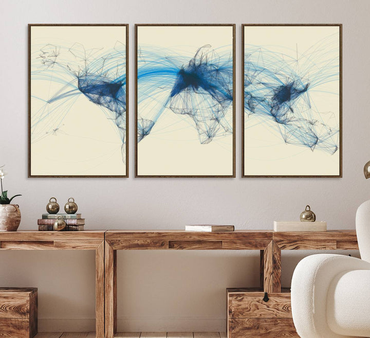 Flight Routes Map: Air Traffic Avi World Map featuring blue lines symbolizing global data. Ideal for home decor and ready to hang.