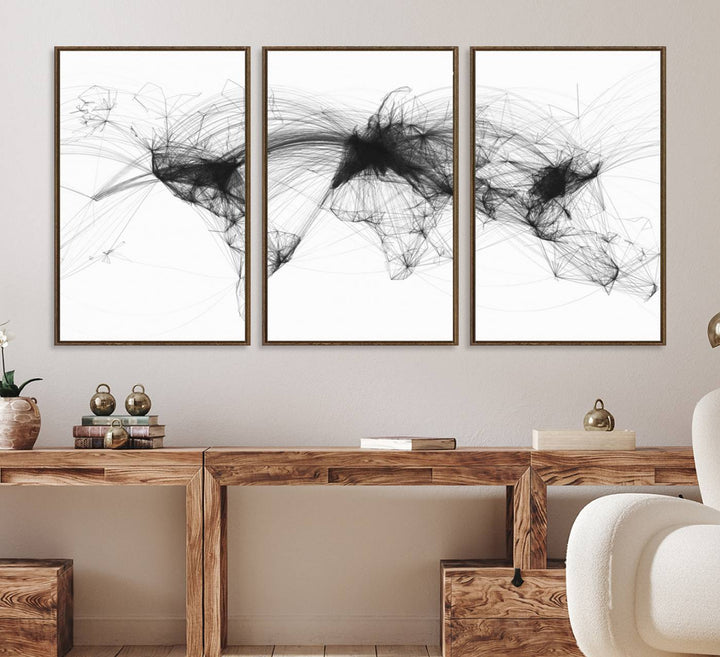 The Flight Routes Air Traffic canvas wall art, framed and ready to hang, is perfect for aviation enthusiasts.