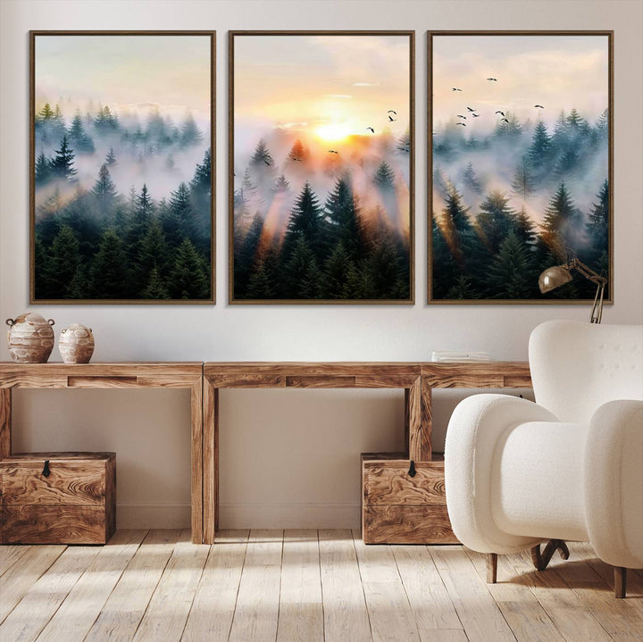Sunrise over a misty forest with rays filtering through trees in the Abstract Forest Wall Art featuring soaring birds.